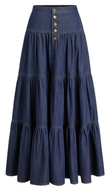 CIDER Women’s Long Jean Denim Tiered Button Down High Waisted Maxi Skirts, Navy Blue, L