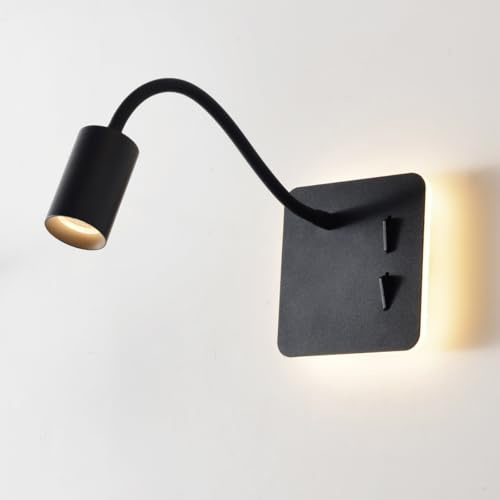 ouglres Schwarz Leselampe Wandleuchte für Schlafzimmer,Led-Wandleuchte im Industrie-Stil mit Doppelschalter Steuerung,360°Drehbare Schwanenhals-Wandlampe,Wandlamp für Hote,Essbereich,3000K