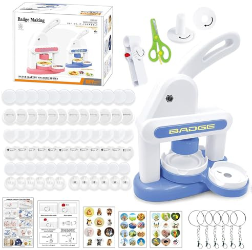 Macchina per creare spille KBIBCK, kit per punzonare spille da 35mm e 55mm, kit per creare spille per bambini con 72 pezzi di parti per bottoni e 3 adesivi, macchina per spille con tagliatore