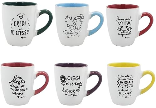 MA MAISON Tazzine in Ceramica a Fantasia per Caffè Set 6 Bicchierini con Manico e Scritte - Mantiene il Calore, Senza Condensa, per Latte, Bar, Locali - Particolari Ottima Capacità Ml idea Regalo