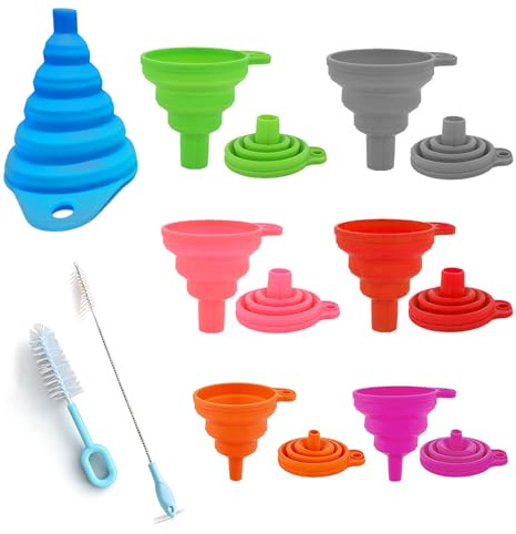 Kit de embudo plegable de 7 piezas, kit de embudos de silicona plegable, pequeñostonnoir para llenar botellas, cuatro tamaños diferentes, tres calibres, con dos cepillos para limpiar.