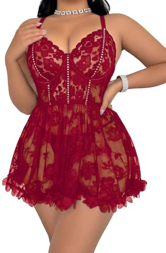 Mixxmix Plus Size Lingerie for Women Lace Babydoll Sleepwear Boudoir Chasp Strap Sexy Nightgown Open Back Chemise Wine Red 2XL