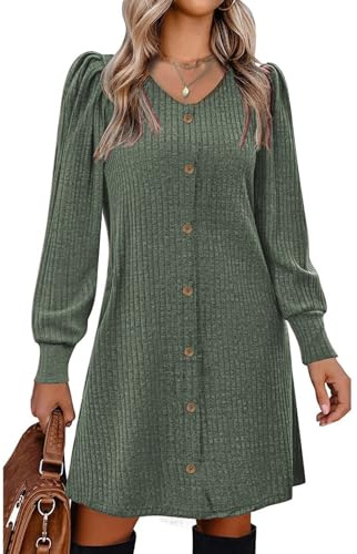 Vossmi Robe en Tricot pour Femmes Robes Col en V à Manches Longues Tunique avec Boutons sur Le Côté et Poches Vert L