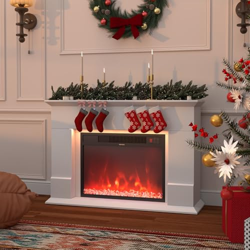 GRAVFORCE Fireplace Modern Electric Fireplace and Surround 23 inch Heating Insert LED Light Strip Fireplaces with Timer and 12 Flame Colors and Remote Control White