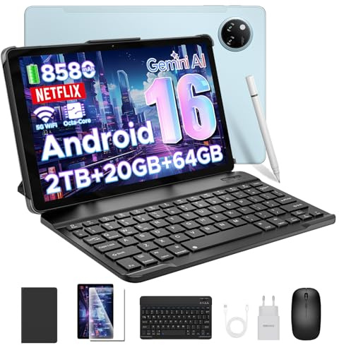 Tab A9+ Android 16 Tablet 11 Zoll, T7200 Octa Core 8580mAh, 20GB RAM+64GB ROM(TF 2TB), 90Hz, 13MP + 5MP Gaming Tablets mit Tastatur, Stift, Maus, Hülle, WiFi 5/WidevineL1/Face ID/OTG