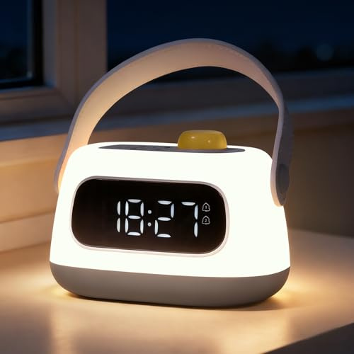 Kids Alarm Clock with Night Light,LED Digital Clock with lights,Dimmable Bedside Wake Up Light for Bedroom,Rechargeable Night Lights for Kidsroom,Bedside Alarm Clocks for Boys Girls Birthday Gift