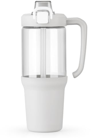 BLUEGO 1 Litro Botella de Agua Con Pajita y Asa Vaso de Vidrio de Borosilicato con Funda de Silicona, Taza para Café Helado para Batidos, A Prueba de Fugas, Sin BPA, Blanco