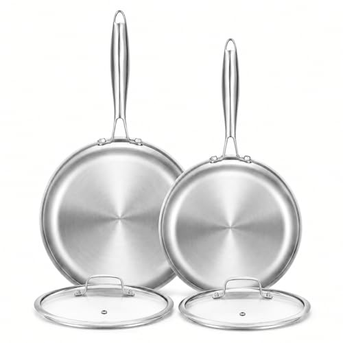 Nontoxicook 2-Piece Stainless Steel Frying Pan Set with Lids, 20/28cm | Uncoated Tri-Ply Pans for Fast, Even Heating and Heat Retention, Suitable for All Hobs Including Induction