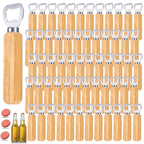 60 Stück Flaschenöffner Holz - Holzgriff Bier Personalisierter Bierdosenöffner mit Holzgriff - Tragbare Kapselheber für Zuhause Outdoor Küche Bar - Material Holz und Edelstahl