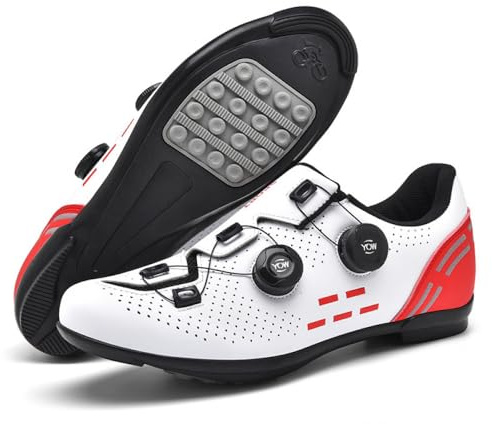 Cykelskor för män kvinnor – lätta inomhus/utomhus cykelskor med gummisula, halkfria och andningsbara mountainbike-sneakers med roterande snören, Vit röd, 39.5 EU