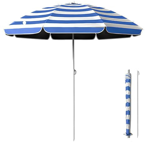 Générique Parasol De Plage À Rayures Bleues 150 X 170cm Parasol De Jardin Portable UPF 50 Plus Léger Protection UV pour Pique Niques Jardin Et Journées À La Plage