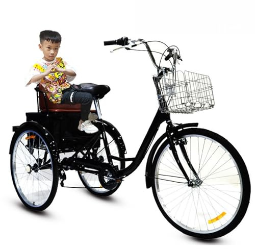Triciclo per adulti a 7 velocità da 24 pollici, sella comoda, sedile posteriore e cestino portaoggetti, bicicletta tandem genitore-figlio ideale per esercizio fisico, shopping e picnic, port