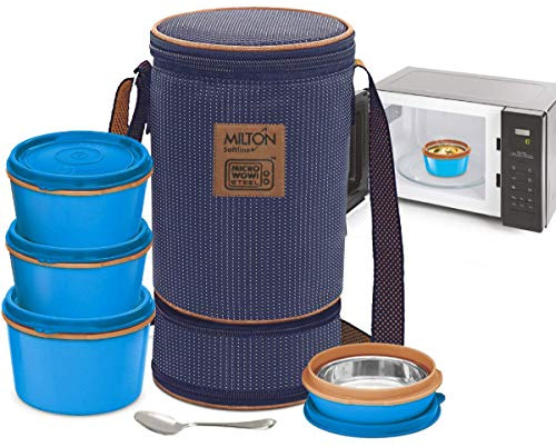 MILTON Bento Lunch Box Set -4 MICROWAVEABLE Stainless Steel Meal Prep Containers, Expandable Insulated Lunch Bag, SS Spoon Double Wall Food Storage Boxes w/Leak Proof Lids For Men,Women,Kids