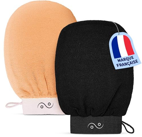 O³ Gant Exfoliant Corps – Gant de Crin - Lot de 2 Gants Kessa – Gommage Corps et Visage Naturel et Efficace pour une Peau Douce (Noir/Saumon)