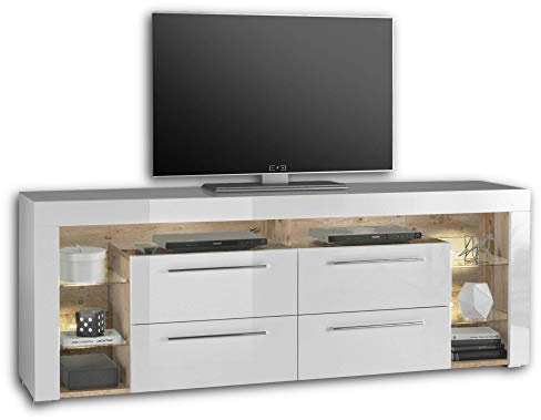 GOAL TV-Lowboard mit LED, Old Style Optik Weiß, 179 x 66 x 44 cm (B/H/T) | TV-Board mit integrierter LED-Beleuchtung, TV Unterschrank, mit Stauraum, Ablage, für das Wohnzimmer, Fernseher Schrank