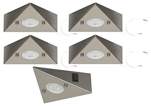 Trango 5er Set 6739-52 Küchenunterbauleuchte inkl. 5x 4,8 Watt LED Modul 3000K warmweiß *COOK* Einbauleuchte - Einbaustrahler aus Edelstahl - Schalter - Dreieckleuchte - Schrankleuchte - Küchenleuchte