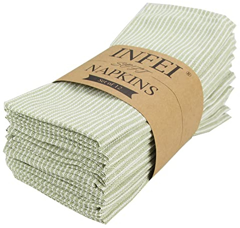 INFEI Narrow Striped Cotton Linen Blended Dinner Cloth Napkins - Set of 12 (40 x 30 cm) - for Events & Home Use (Green)