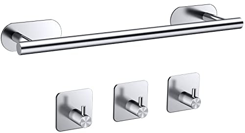 JiGiU 4 Pieces Bathroom Hardware Kit 16 inch Self Adhesive Towel Holder Set Stainless Steel Towel Bar with 3 Towel Hooks Stick on Towel Rails Wall Mounted No Drilling for Kitchen Bathroom-Silver