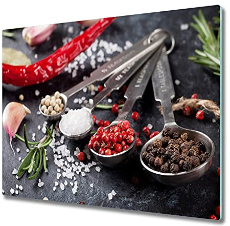 Küchenbrett Glas 60x52 cm Lebensmittelecht Rutschfest Silikonfüße Antibakteriell Dekorativ Dünn Glasplatte Hitzebeständig für die Küche Gehärtetes Glas Plastikfrei - Kräuter und Gewürze