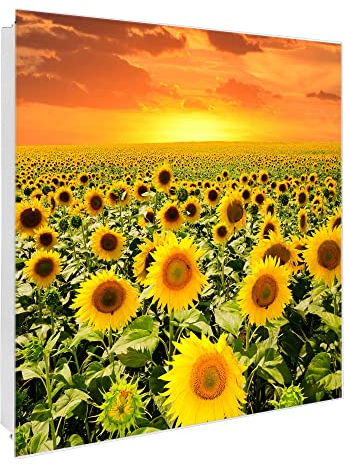 banjado Großer Schlüsselkasten Glas - Schlüsselbox 30x30cm mit 50 Haken - Schlüsselkasten modern für Schlüsselaufbewahrung mit beschreibbarer, magnetischer Glastür - Motiv Sonnenblumen