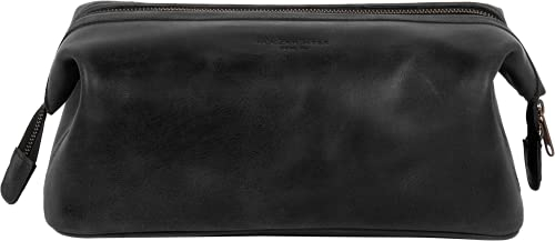 HOLZRICHTER Berlin - Große Kulturtasche aus Leder für Damen & Herren (No-5-2), Kulturbeutel 20x29x16cm, Echtleder Kosmetiktasche, Schwarz-Anthrazit