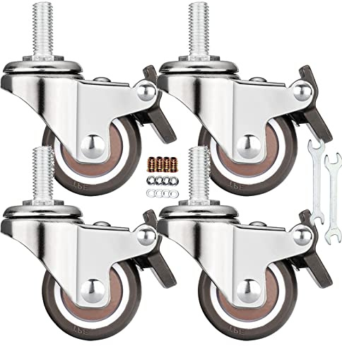 Stem Casters, 360 Degree Swivel Stem TPR Wheels with Metric M6-1.0x15mm Thread Rods Replacement Industrial Castors for Carts, Furniture, Dolly, Workbench (1.5 inch with Brakes)