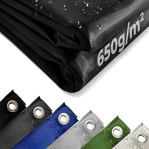 Jago® Lona Impermeable Exterior - 5x6 m, Ojales, Resistente a Altas Temperaturas y Rayos UV, PVC, Poliéster, Negro - Cubre Piscina, Suelo Camping, Remolque, Caravana, Toldo, Tapar Leña, Multiuso