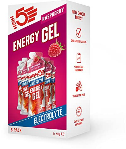 HIGH5 Energy Gels with Electrolytes - Quick Release Sports Gels for Peak Performance - Natural Fruit Juice & Caffeine-Free - Energy Boost for Running, Cycling, Endurance (Raspberry, 5 x 60g)