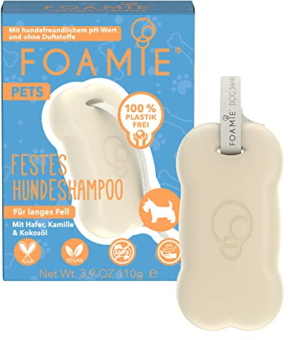 Foamie Hundeshampoo You Look Furbulous für Langes Fell, Pflegeshampoo Hunde mit Kamillenextrakt, Hafer & Kokosöl für Glänzendes Fell & Bessere Kämmbarkeit, 100% Vegan, Plastikfrei, 110g