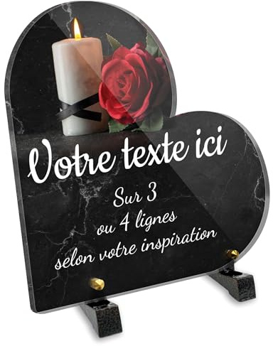 Placa funeraria corazón personalizable en plexi, diseño de vela y rosa roja, diferentes tamaños, grosor de 6 mm, personalizado en varias líneas, 20 x 20 cm