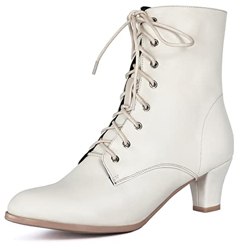 Cozivwaiy Women Beige Victorian Boots Vintage Ankle Boots for Medieval Ren Pirate Costume 70s Lace up Boot 2.36 Inches Mid Heel Witch Granny Booties Zipper Almond Toe 8
