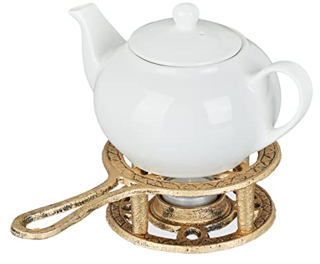 Relaxdays Scaldavivande, Scalda Teiera e Caffettiera, in Ghisa, 1 Candela, Design Antico, Fornellino Rustico, Dorato, 5 x 22 x 12 cm