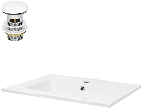 ML-Design Lavabo en Céramique Blanc 61x16,5x46 cm avec Garniture de Vidage 1 1/4 Universel et Trop-Plein, Design Rectangle, Vasque à Encastrer Moderne, Évier Lave-Mains Salle de Bains et Toilettes