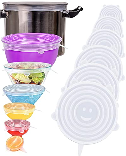 Silikondeckel,KEUGT Silikondeckel Dehnbar,6er Set Verschiedenen Größen Stretch Deckel,Silikonbehälterdeckel,Wiederverwendbar Silikon Abdeckung,Universal Dosendeckel für Schüsseln,Obst,Becher(Weiß)