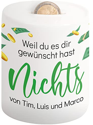 Lustige Spardose „Weil du es dir gewünscht hast Nichts“ personalisiert mit Namen - Geldgeschenke Geschenkideen | Sparbüchse Sparschwein | Geschenke für Kollegen & Freunde zum Geburtstag, Weihnachten