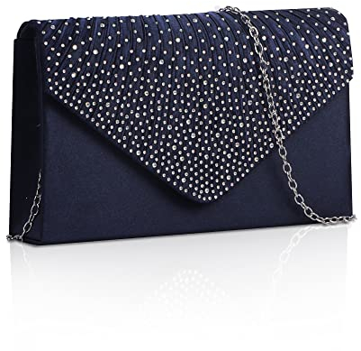 NiCoLa Damen-Clutch aus Satin - Abendtasche mit Abnehmbarem Kettenriemen für Hochzeit, Abschlussball, Party - Schwarz, Marineblau, Medium