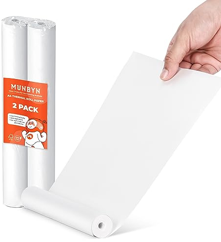 MUNBYN Thermopapier A4 für ITP01/ ITP04, 2 Rollen Thermo Druckerpapier 210 x 297mm, Thermo Printer Paper Kompatibel mit MUNBYN Thermal Printer A4, Weiß