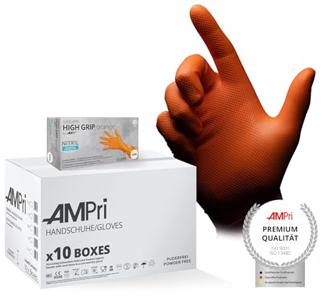AMPri High Grip Einmalhandschuh aus Nitril, 10 Box a 50 Stk, Größe S, orange, SolidSafety: extra griffiger und chemikalienbeständiger Arbeitsschutzhandschuh in den Größen S, M, L, XL, XXL