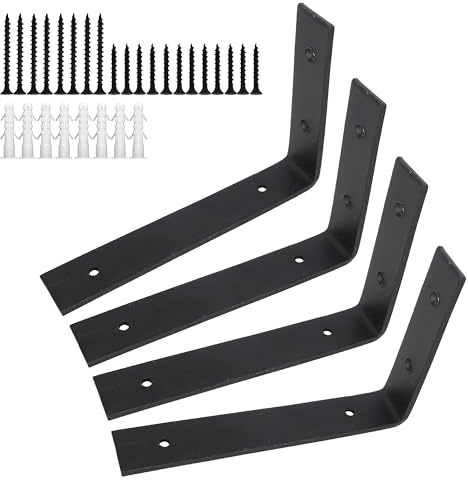 4 Pcs Heavy Duty Shelf Brackets Industrial Shelf Bracket L Shape Right Angle Corner Bracket for Wall Mounted Shelf with Matching Screw and Anchors (Black, 200mm-100mm 4p ( 4mm))