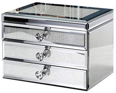 BONOOL Schmuckkästchen aus Glas, 3-lagig, Schmucktruhe, großes Fassungsvermögen, mit Spiegel, vielseitige Schmuckvitrine, Schmuckschatulle für Damen (Farbe: Silber)