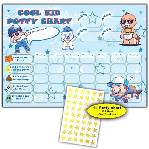 Cool Kid Töpfchentrainingstabelle mit 100 goldenen Stern-Aufklebern – lustiges A4-WC-Training Belohnungstabelle mit glänzender Oberfläche – Toilettenbelohnungstabelle für coole Kinder