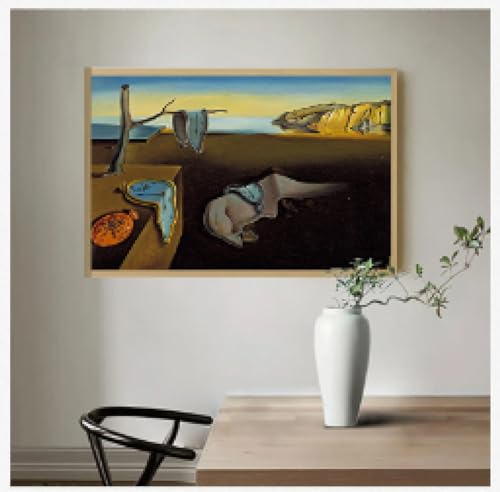Leinwanddruck, Gemälde, Kunst, Wandbilder für Wohnzimmer, Heimdekoration, Salvador Dali, die Beständigkeit der Erinnerung, Uhren, surreal, 95 x 155 cm, mit goldenem Rahmen