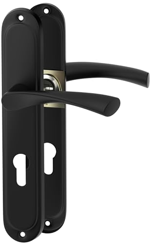 ERGO line ROMA garnitures de porte classiques, noir, poignée avec serrure intégrée serrure à cylindre ensemble de poignées avec rosette longue, garniture de porte, poignée, tige carrée de 7 mm