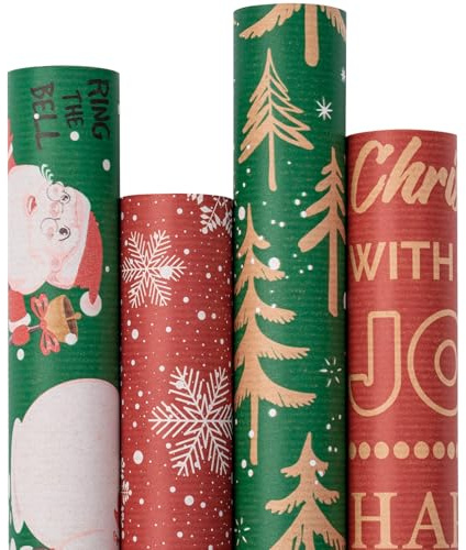 RUSPEPA 4 Rollos De Papel De Regalo Kraft Navideño - Papá Noel, Copo De Nieve, Árbol De Navidad Y Diseño De Texto - 76 Cm X 3 M Por Rollo