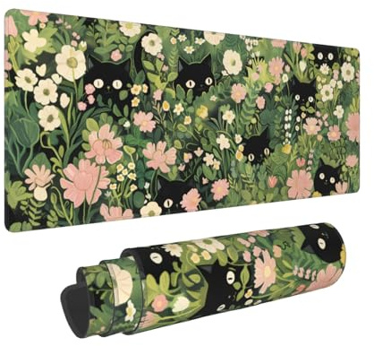 Cute Cat Floral Mouse Pad XL 31.5 X 11.8 Inch Pink Green Kawaii Aesthetic Art Flower Extended Large Gaming Mousepad Keyboard Desk Mat Non-Slip Rubber Base Stitched Edges for Home Office