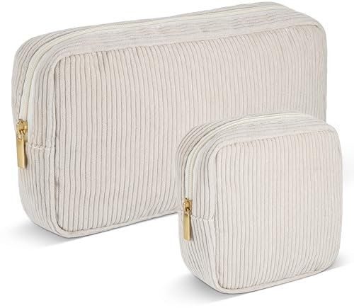 Huiguli Schminktasche für Frauen Kleine, 2Pcs Cord Make up Tasche mit Fächern, Reise Tragbare Schminktasche mit Metall Reißverschluss für Mädchen Frauen Damen, Beige