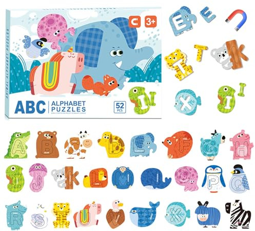 GOGOLAN 52 Pcs magnetische Buchstaben Tiere Puzzle Buchstaben Puzzles, ABC Kühlschrank Magnete für Kinder, Alphabet Magnete für Kühlschrank, Rechtschreibung Lernen magnetische Spiele für Kinder