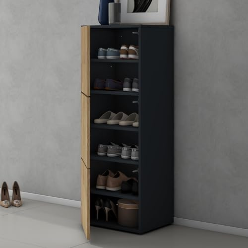 doporro Schuhschrank Schmal 36cm tief 6 Fächer Soft-Close grifflos | Schuhkommode aus Holz, verstellbare Böden, modular, matt Anthrazit und Kerneiche Flurschrank, BTH:45x36x120cm, Schuhschrank02