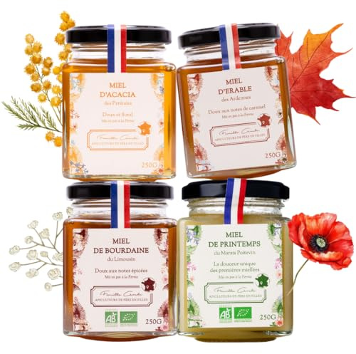 Les Abeilles de Malescot – Assortiment de 4 miels français doux – 4 x 250 g : Érable, Printemps, Bourdaine, Acacia – Miel artisanal naturel – Idéal dégustation et cadeau gourmand