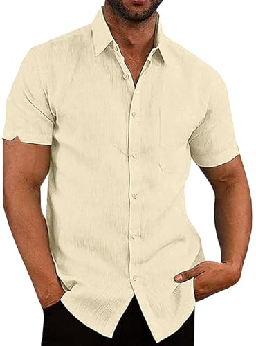 LVCBL linneskjorta herr kortärmad sommarskjorta button down fritidsskjorta herr M-3XL, kaki, L